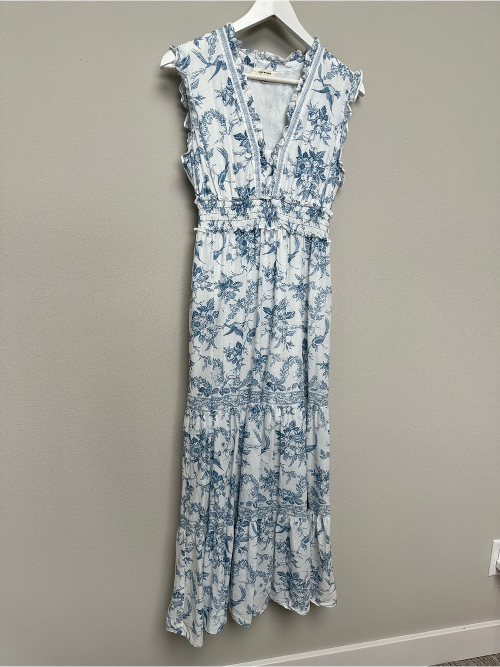 Max Studio White and Blue Floral V-Neck Maxi Dress